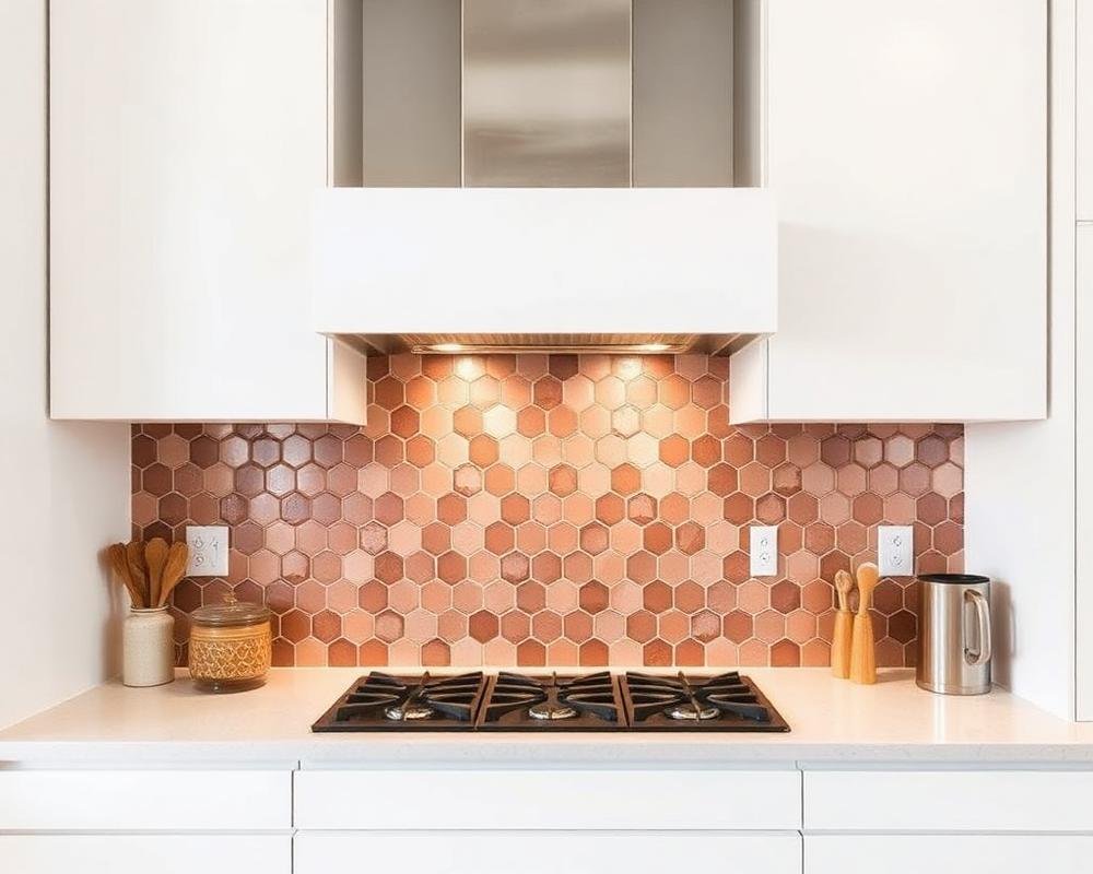 Geometric copper-toned splashback behind a kitchen hob