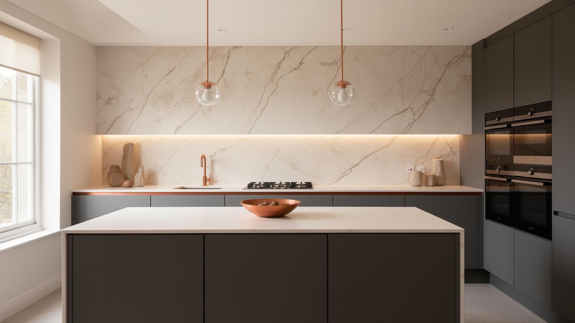 Contemporary kitchen with marble-effect tiled splashback